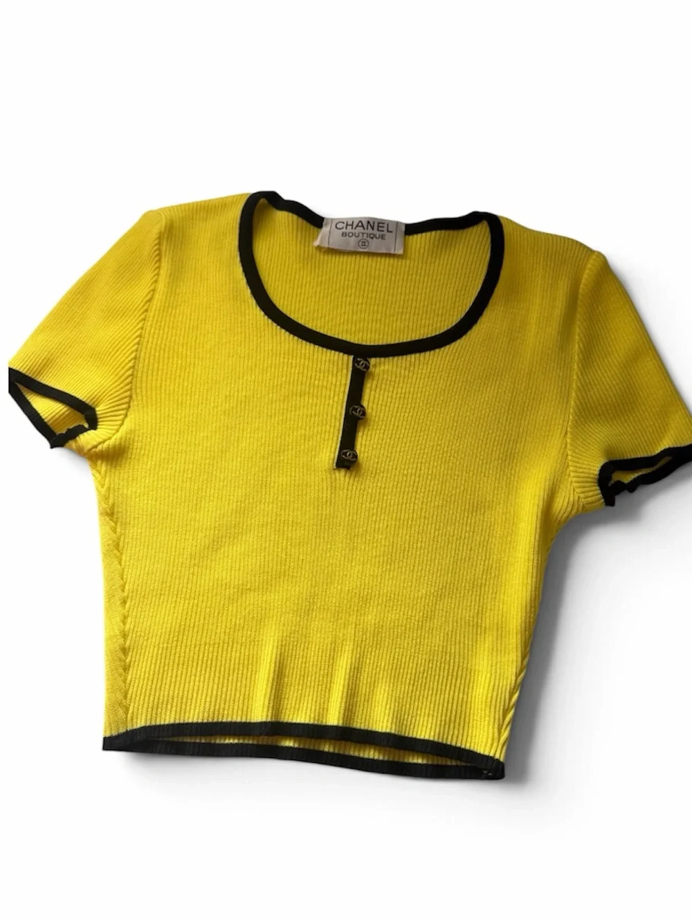 Vintage CHANEL Spring 1995 Yellow Black Ribbed Crop Top FR40